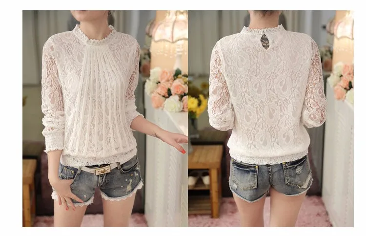 2016 Blusas Women Fashion Long Sleeve Lace Blouse Spring Autumn Women Clothes Vintage White Crochet Tops Shirt Plus Size A620 b
