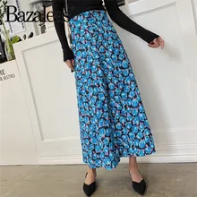 Bazaleas Праздничная синяя Цветочная модная летняя юбка ретро Женская миди юбка центр сплит тонкие винтажные юбки с пуговицами Повседневная
