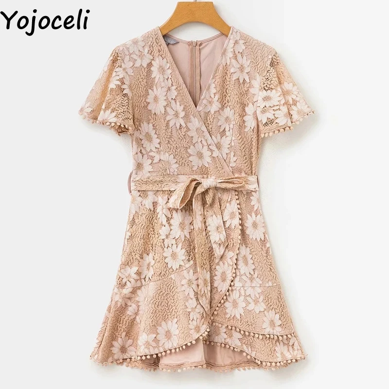 Yojoceli/элегантное кружевное платье с цветочным принтом женские летние сексуальные