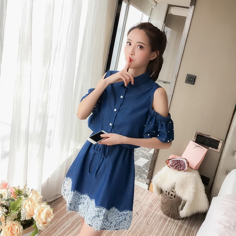 

5Xl Plus Size Denim Dress Lace Pearl Off Shoulder Denim Dress For Women Button Up Shirt Denim Dress Party Short Jean Sundress