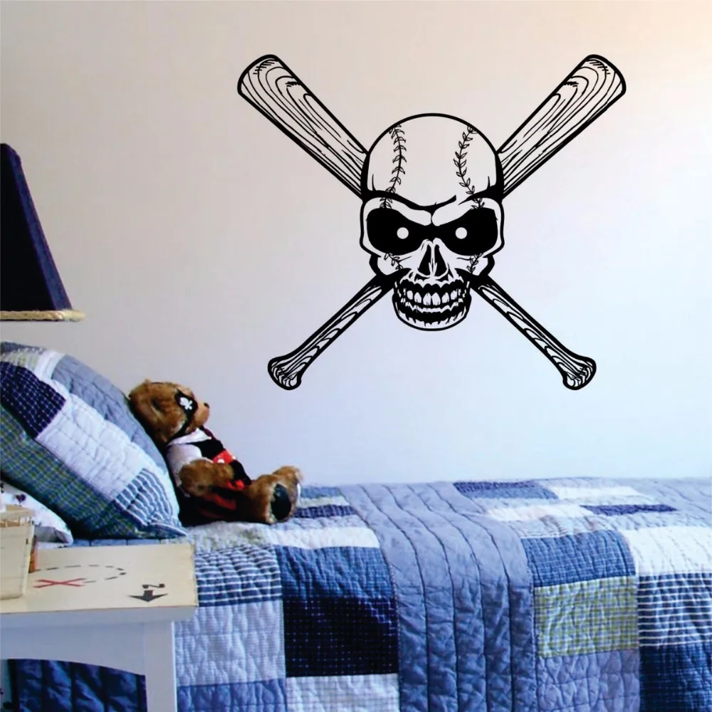 Baseball Skull Bats Wall Decals Sports Vinyl Wall Art Stickers For Kids