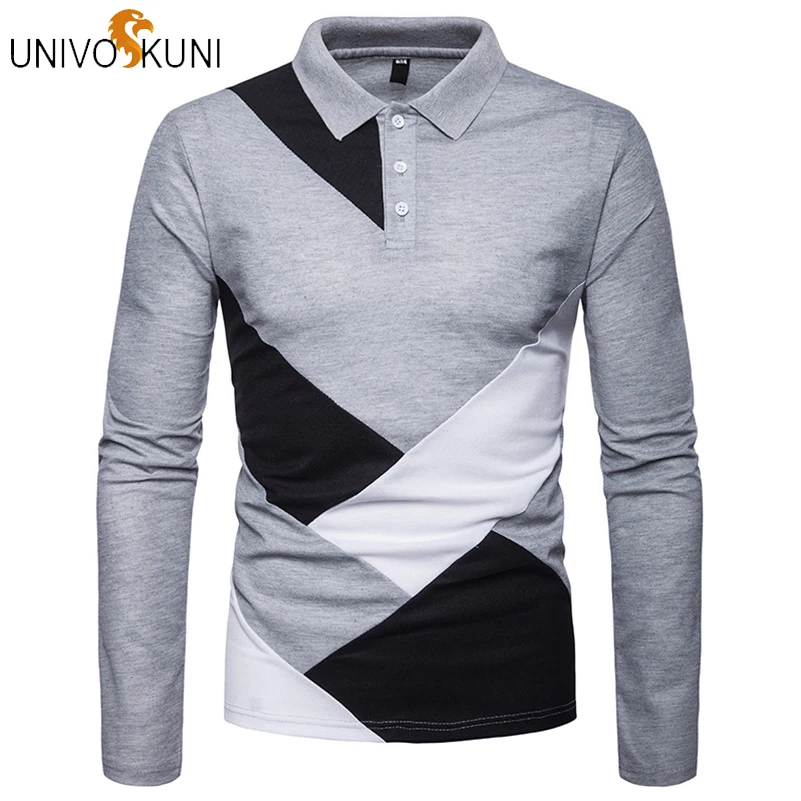 UNIVOS KUNI 2019 New Polo Shirt Men Black Grey White Stitching Long Sleeve Turn-down Collar Casual PulloverH510 | Мужская одежда