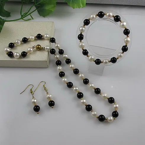 

Black Agates Round Freshwater Cultured Choker Pearl Necklace For Girl Real Pearl Necklace Bracelet Earrings Jewelry Set