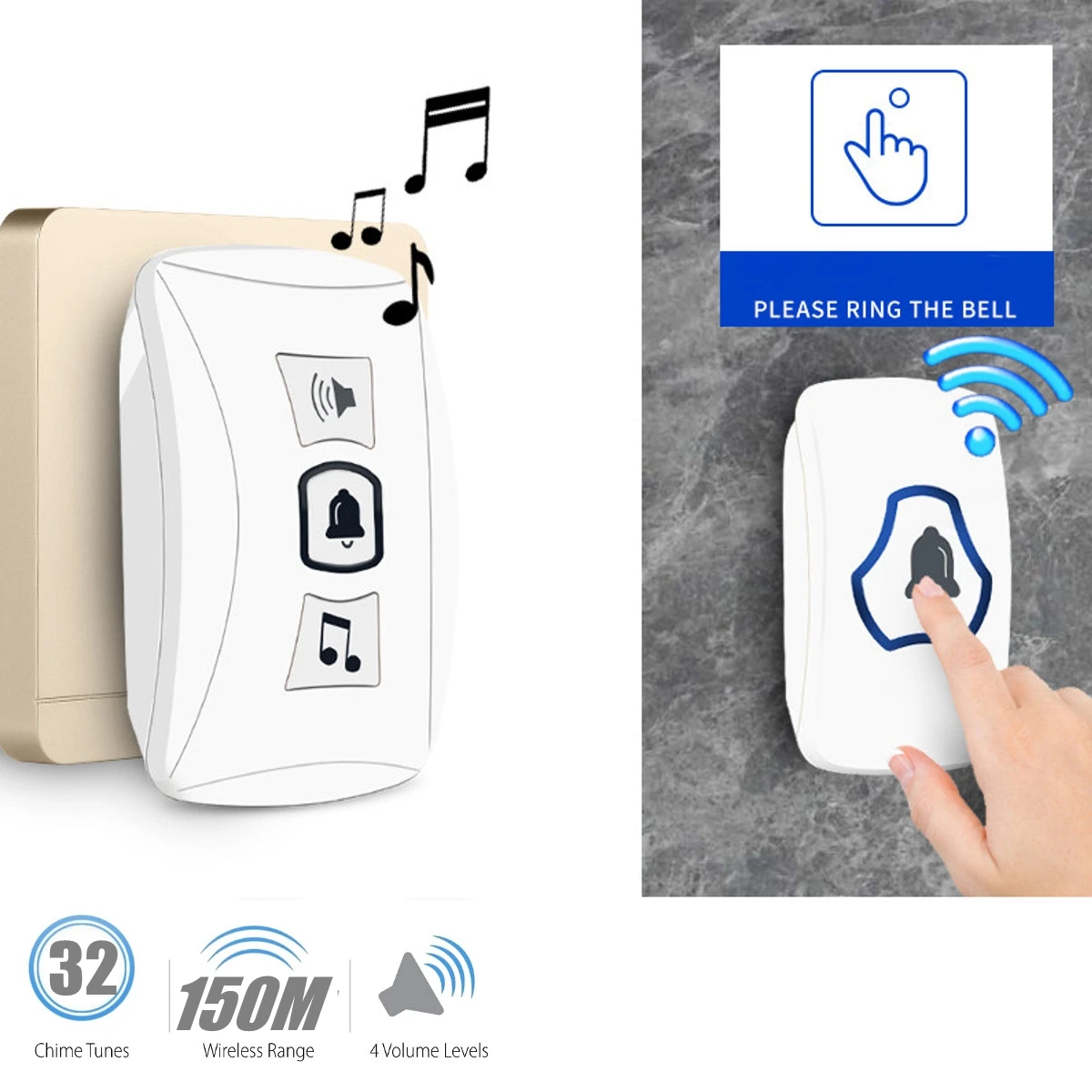 

Wireless Doorbell Wall Plug-in Cordless Waterproof Home Door Bell Chime 150M Range with 32 Chimes Easy Install