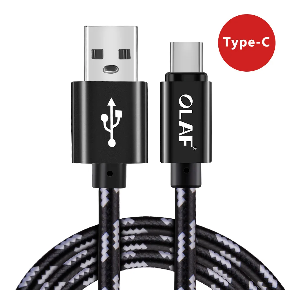 Олаф нейлоновая оплетка 2.4A type C Micro USB кабель для быстрой зарядки для samsung S7 S8 S9 plus Note 8 9 huawei Xiaomi mi8 USB-C кабель - Цвет: Black For Type-C