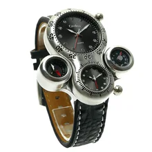 Oulm Marque Hommes Casual Bracelet En Cuir Sport Quartz Montre Double Fuseau horaire Boussole Thermomètre Décorer Montres Avec Boîte-Cadeau