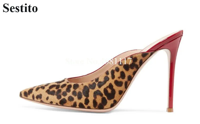 

2019 spring and summer new high-heeled pointed leopard color matching women's fashion sandals slippers temperament show sandals