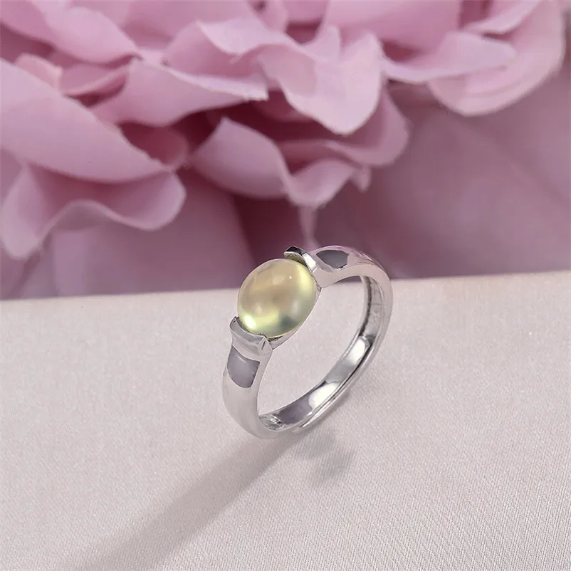 

100% Natural Prehnite Rings For Women S925 Silver Fine Jewelry Green Oval 7*7mm Gemstone Adjustable Simple Ring R-PR006