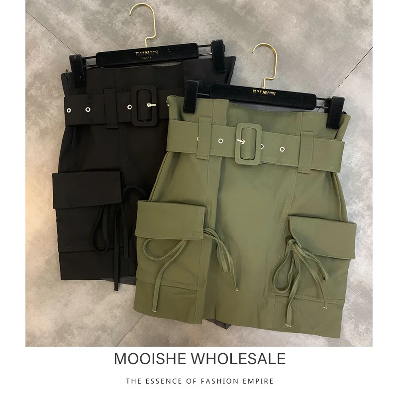 

2019 Early Autumn New Belt Waist Pocket Decoration Tooling Trend High Waist Midi Skirt Female