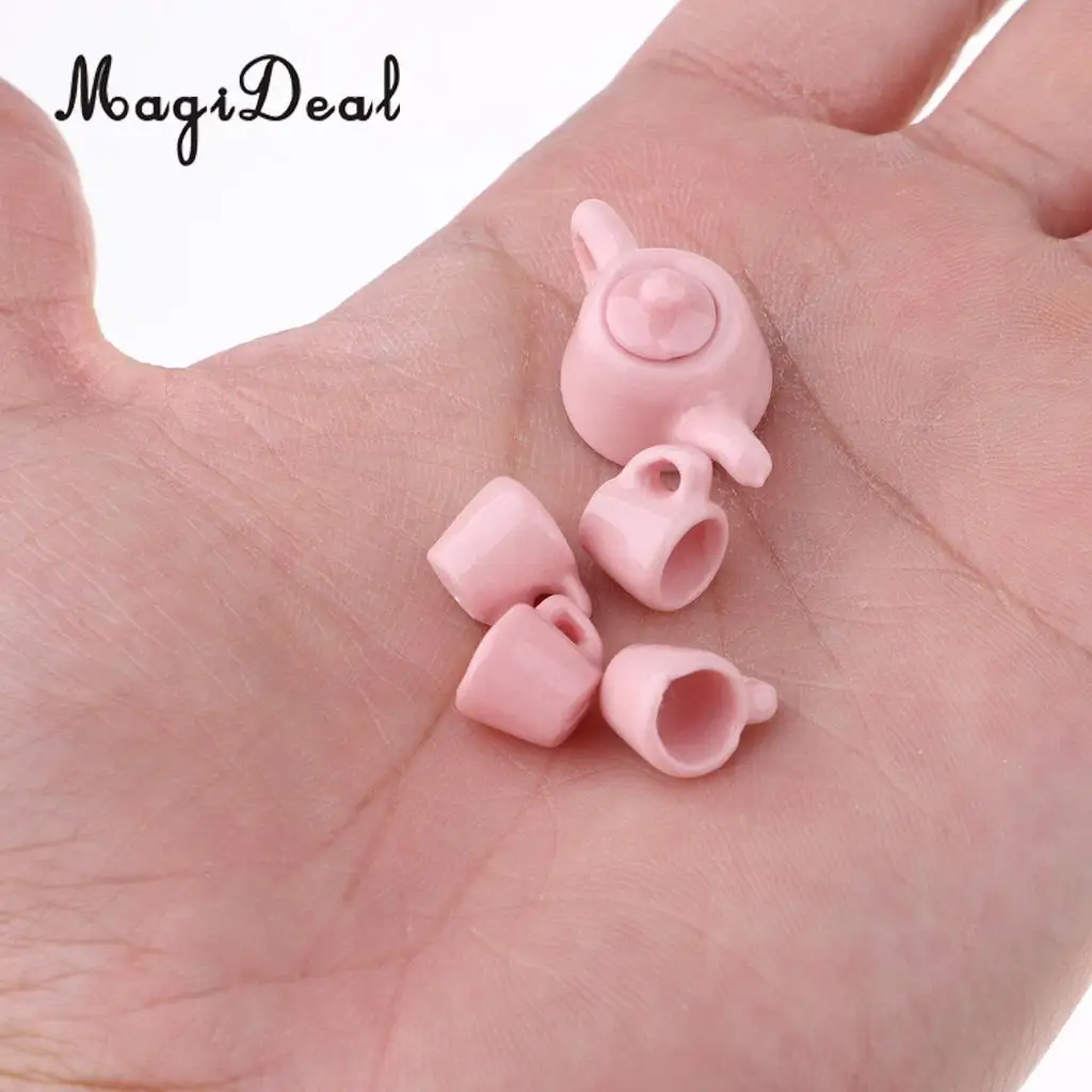 5 Pieces 1/12 Dollhouse Miniatures Dining Ware Porcelain Tea Cup Set Kitchen Accessory Pink