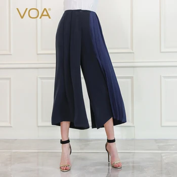 

VOA Heavy Silk Palazzo Pants Casual Loose Wide Leg Trousers Women spodnie damskie High Waist Navy Blue Pant Skirts broeken K820