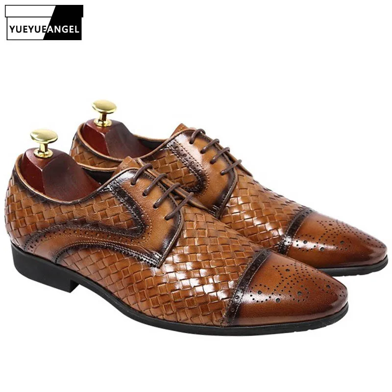 

2019 Handmade Knitted Luxury Genuine Leather Business Shoes Men Pointed Toe Casual Derby Shoes Black Brown Wedding Dress Shoes