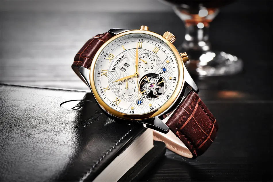 Fashion Luxury Brand BINSSAW leather Tourbillon Watch