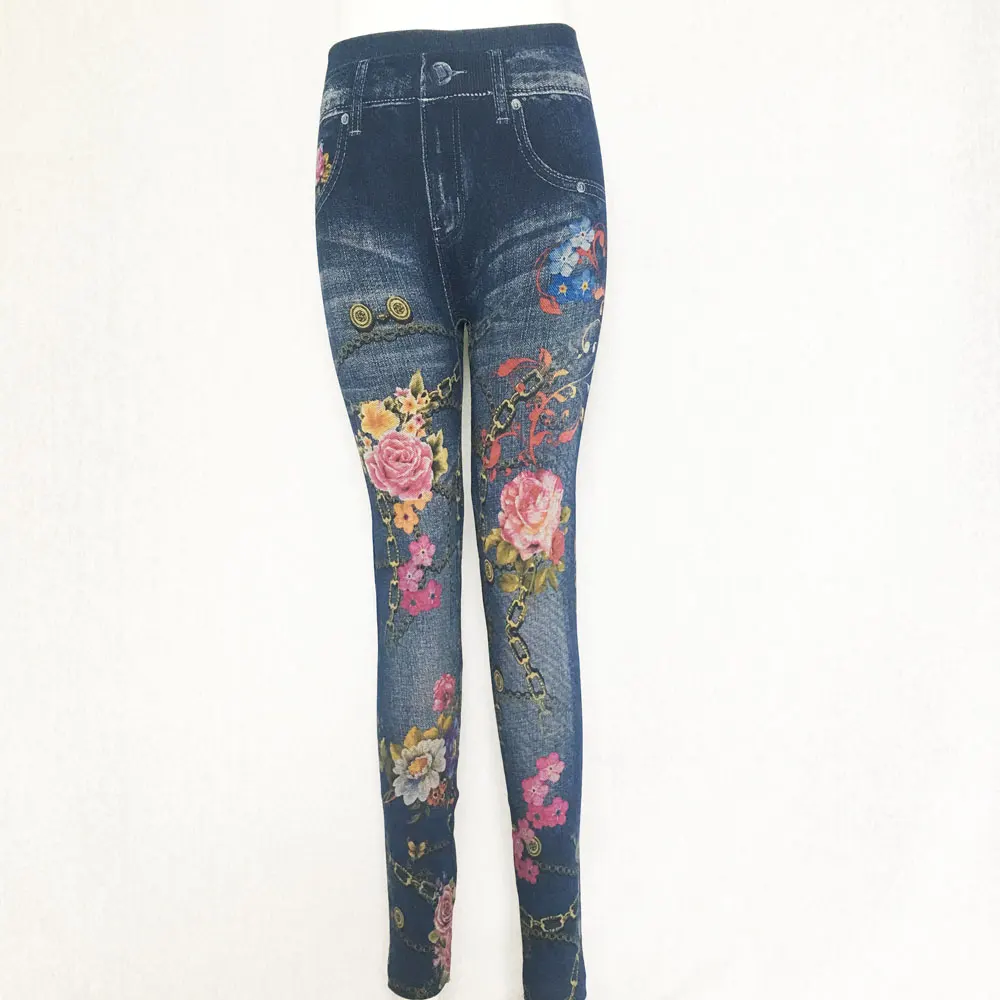 Модные тонкие женские леггинсы из искусственной лосины из джинсовой ткани, сексуальные летние леггинсы с карманом и принтом, повседневные узкие брюки, женская одежда - Цвет: chain flower