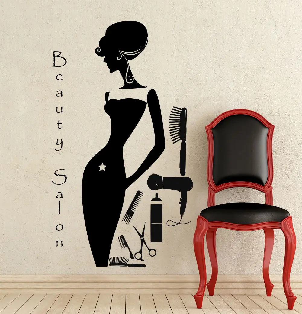 Beauty Salon Wall Sticker Sexy Girl Scissors Comb Vinyl Wall