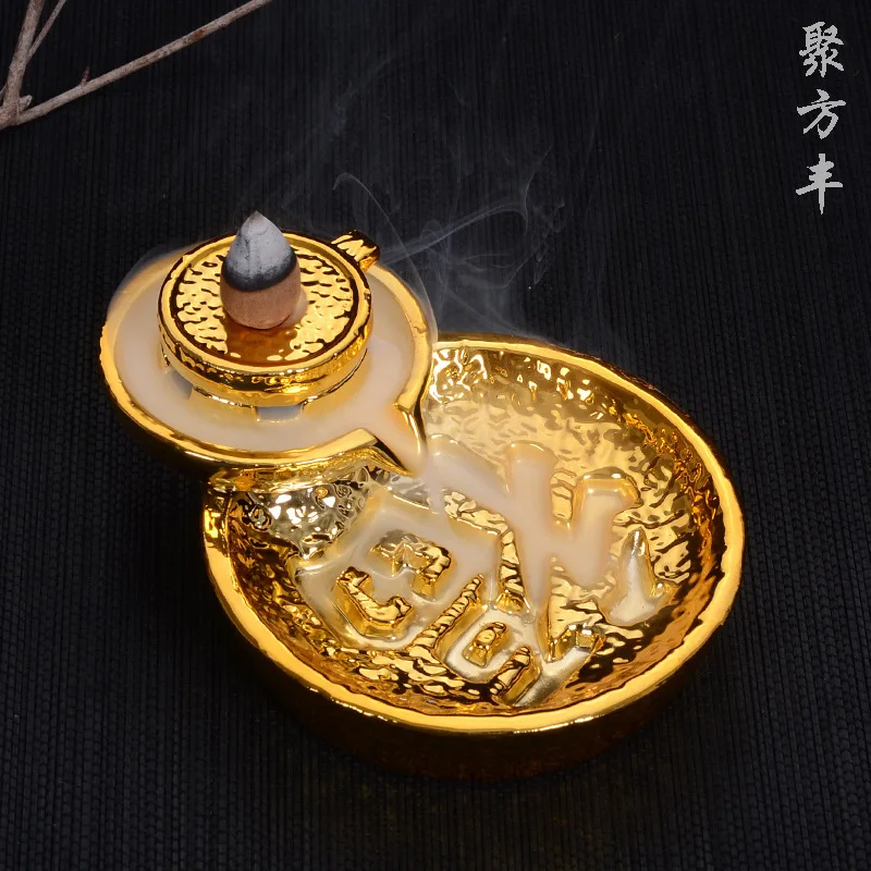 Handmade Ceramics Golden Stone Mill Backflow Incense Burner Tower Aroma