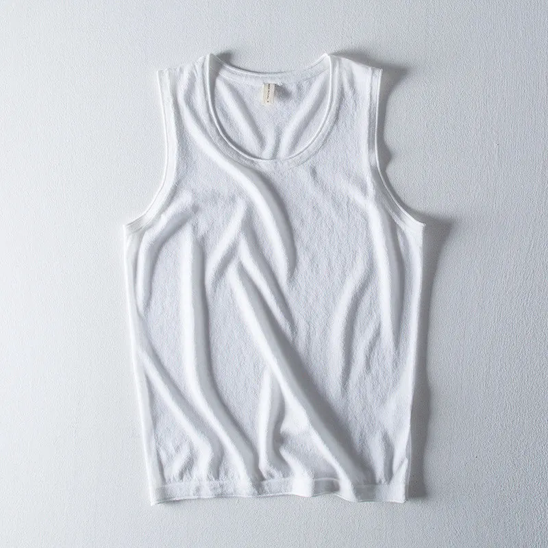 Белый Pure Color Men Casual Vest Hot Selling Classic Tank Tops Breathable Cotton Linen Fabric Sleeveless Clothing Men Tops Wholesale - Цвет: Белый