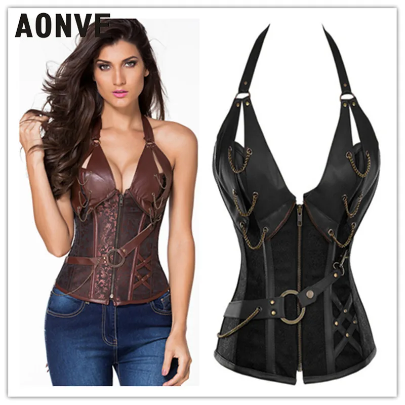 Waist AONVE Trainer Slimming Body Shaper Leather Corset Steampunk Hot Shapers Steel Boned Women Front Zipper Fajas Modeling Body : image Waist AONVE Trainer Slimming Body Shaper Leather Corset Steampunk Hot Shapers Steel Boned Women Front Zipper Fajas Modeling Body