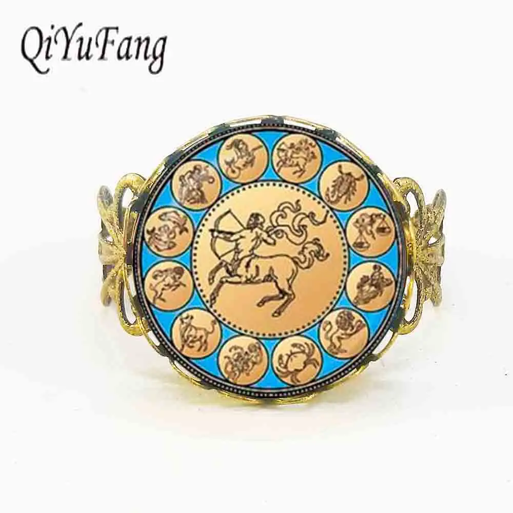 

New Vintage Sagittarius Ring Astrological Zodiac Sign Jewelry Glass Cabochon Silver Link birthday Gift for Her 1pcs/lot dome