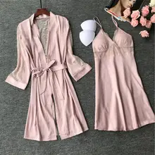 Черное кружево Домашняя одежда Для женщин наборы ночных рубашек прозрачный халат с груди площадку Женский атласная кимоно платье пижамы халаты костюм 971