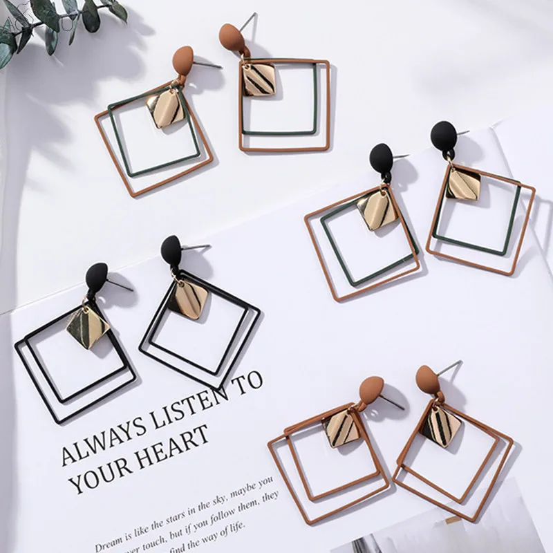 

AOMU 2018 New Fashion Exaggerate Hollow Double Square Big Drop Earrings for Women Girl Metal Slice Ear Accessories