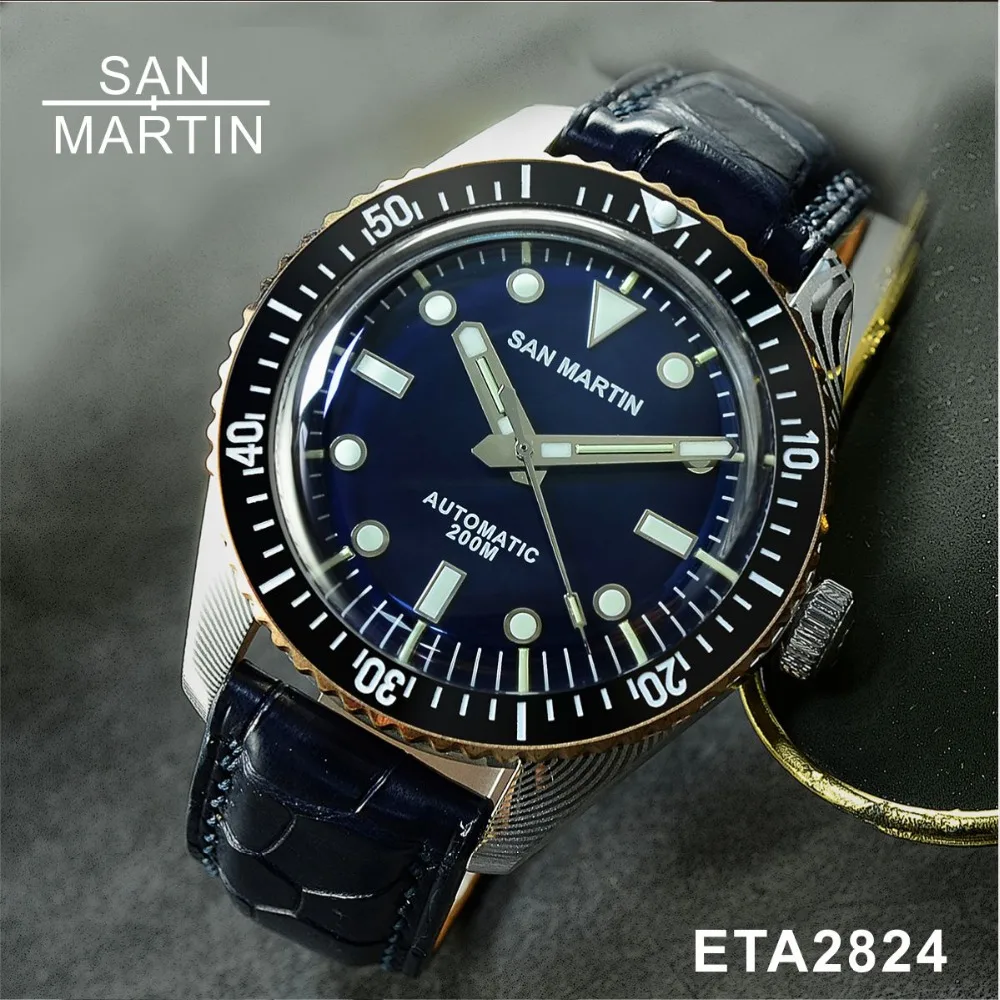 

San Martin Men Damascus Diving Watch Swiss Automatic Movement Watch 200 Water Resistant Bronze Ring Retro Wristwatch Sixty-Five