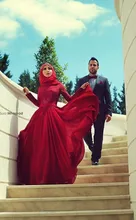 Red Hijab Muslim Evening Dresses with Long Sleeve Appliques Turkish Islamic Clothing Abaya Dubai Kaftan musulman robe de soiree