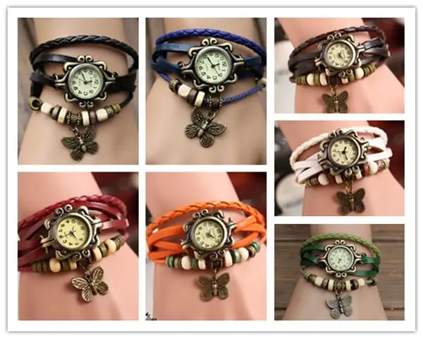2017 Hot Sale Women Lady Multi Colors Leather Retro Vintage Butterfly Weave Wrap High Quality Quartz
