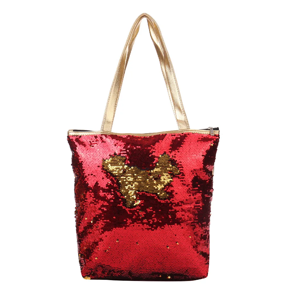 

LJL-Women Girl Sequins Glitter Mermaid School Travel Rucksack Shoulder Bag(Red+Gold)