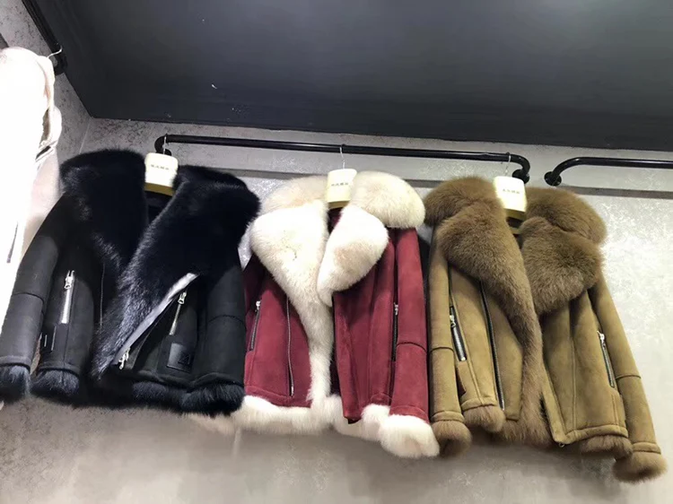 Зимнее женское пальто из натурального меха лисы с воротником из овечьего меха, мотоциклетная кожаная куртка размера плюс, толстое теплое пальто, новая мода