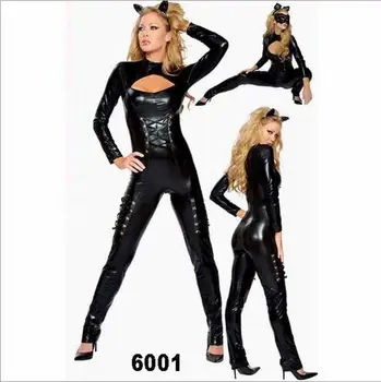 

Free shipping 2016 New Arrival Sexy Gothic Punk Fetish Black Latex Catsuit Faux Leather Costume PVC Bodysuit Catwoman Jumpsuit