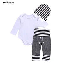Комплект одежды для новорожденных мальчиков из 3 предметов, однотонное белое боди, комбинезон+ штаны+ шапка, комплект одежды из 3 предметов