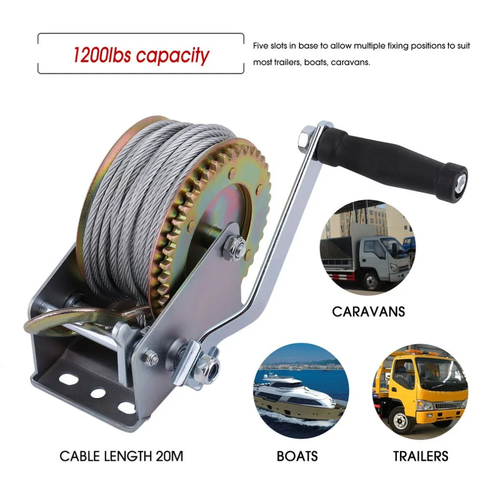 

Rated Capacity 1200lbs Truck Auto Hand Manual Winch Portable Boat Marine Trailer 20M Cable Hook Manual With Grip Crank Handle
