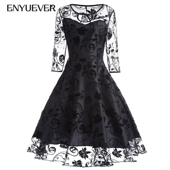 

Enyuever Vintage Dress Womens Clothing Autumn Long Sleeve Robe Pin Up Swing Retro Tunic Mesh Elegant Evening Party Lace Dress