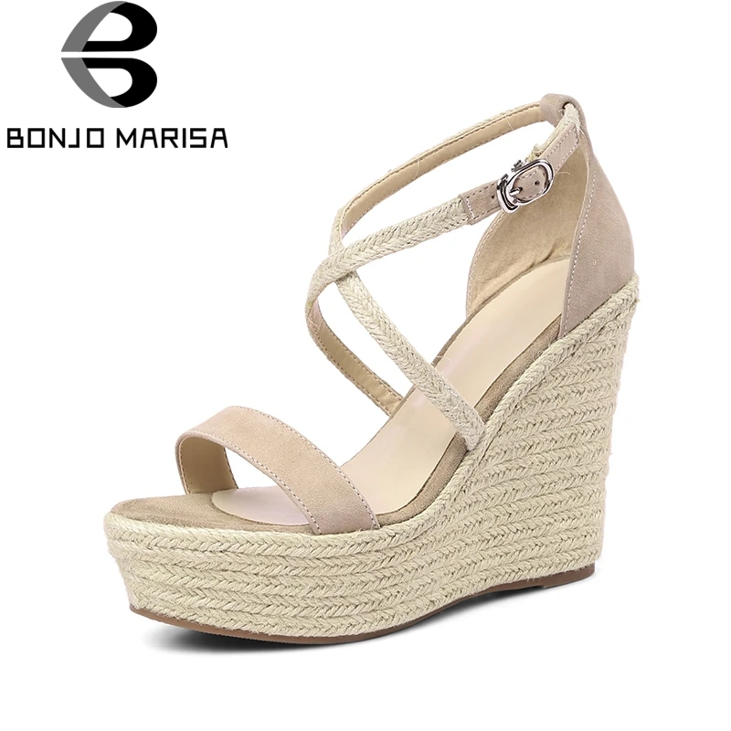 

BONJOMARISA Kid Suede Genuine Leather Wedges High Heel Woman Shoes Cross Strap Solid Party Women Shoes Summer Sandals