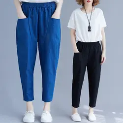Большие размеры, хлопковые женские свободные брюки длиной до щиколотки, 2019, Летние Удобные повседневные брюки с эластичной резинкой на