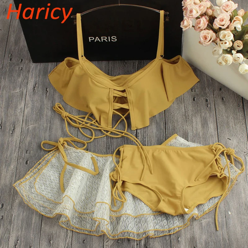 

Bikini New Swimsuit Swimwear Women Dress Lace up Bikinis Set High Waist Bathing Suit Push Up Women Ruffle Beachwear Biquini