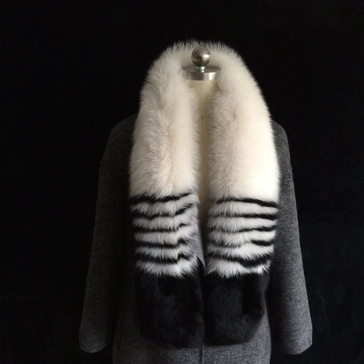 

New arrival long BOA real fox fur striped grey black scarf patchwork elegant nice muffler genuine fox fur scarves for women