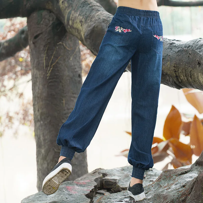 Женские джинсовые штаны-шаровары с эластичной резинкой на талии, повседневные женские шаровары с вышивкой, высокое качество, Femenino Bottom s-xl