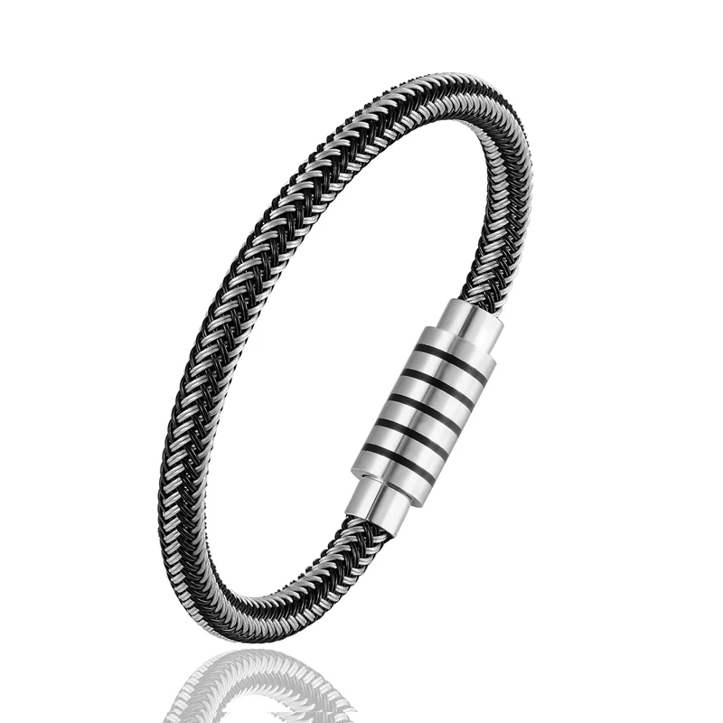 

6MM stainless steel men's bracelet black leather magnetic buckle bracelet 18.5/20.5/22cm men's jewelry
