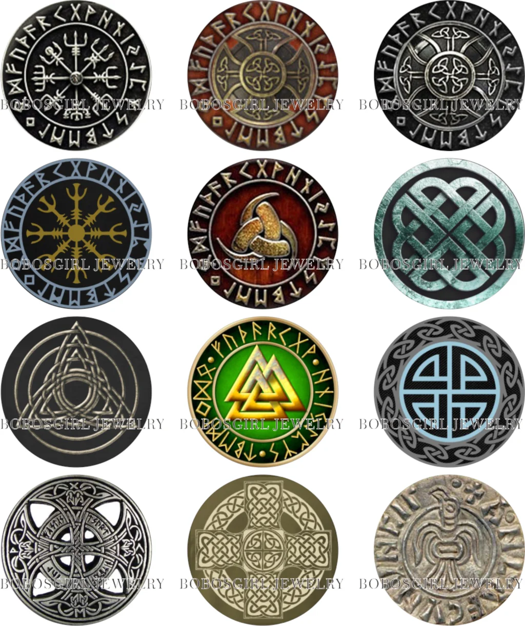 

Norse Viking Cross in Rune Circle glass snap button photo Round cabochon flat back Gl606