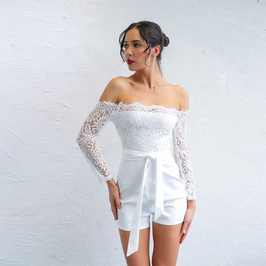 White Sexy Lace Patchwork Jumpsuit Women Casual Slim Off-The-Shoulder Breathable Playsuits Summer Elegant Fashion Print Bodysuit White Sexy Lace Patchwork Jumpsuit Women Casual Slim Off-The-Shoulder Breathable Playsuits Summer Elegant Fashion Print Bodysuit