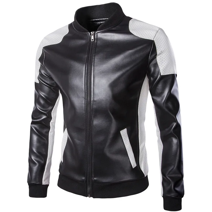 Cycling Jackets Mens Autumn Winter Long Sleeve Stand Patchwork Leather Coat Outwear Cycling Windproof Jacket Coat #2S21 (2)