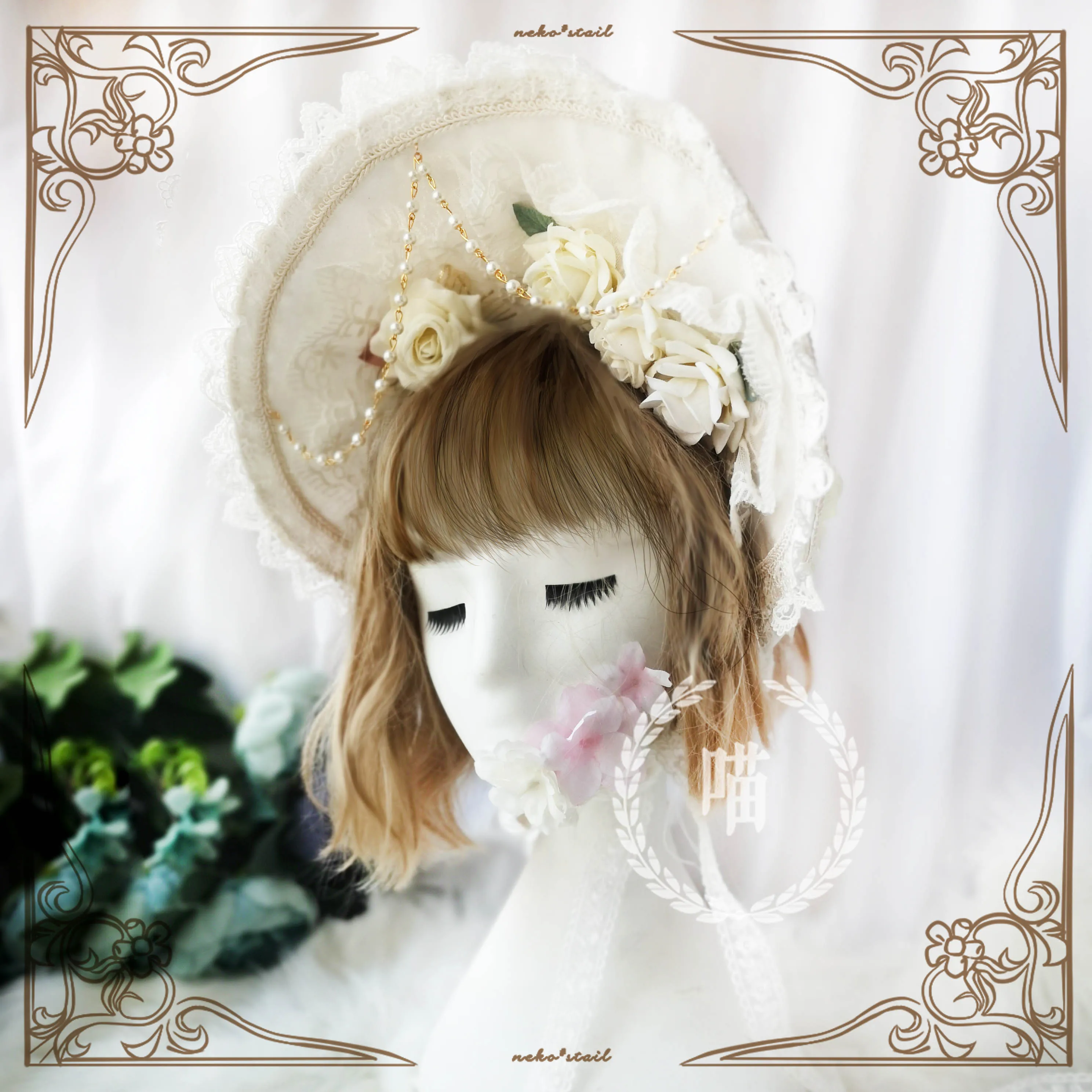 

Handmade Gorgeous Sweet Lolita Retro Lace Rose Bonnet Headwear Sun Hat Women Adjustable pearl Chain Princess Victorian Half Bnt