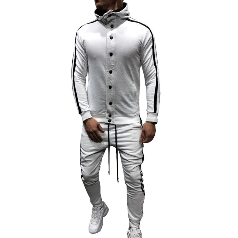 HEFLASHOR осенний мужской комплект из 2 предметов, Модный Полосатый негабаритный спортивный костюм, Повседневная Уличная толстовка с капюшоном и пуговицами, штаны, мужской костюм - Цвет: White Black