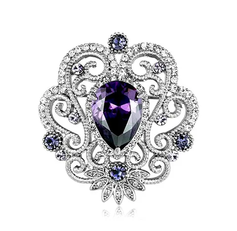 

Beautiful Jewelry Flower Brooch with Purple Cubic Zirconia and Rhinestone Crystals