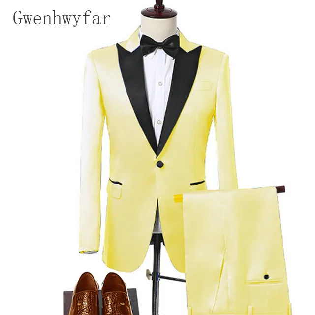 Gwenhwyfar Yellow Mens Wedding Suits Grooms Tuxedo Tailor made Size and Color Formal Satin