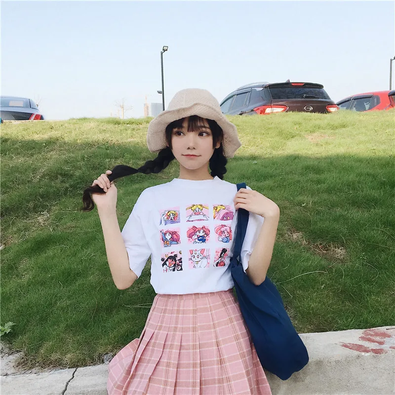 Летняя женская модная повседневная футболка в стиле Харадзюку с коротким рукавом и надписью «ulzzang Sailor Moon»