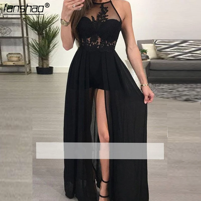 Black 2019 Prom Jurken A-lijn Hoge Split Chiffon Kant See Through Party Maxys Lange Prom Gown Avondjurken Robe De soiree Black 2019 Prom Jurken A-lijn Hoge Split Chiffon Kant See Through Party Maxys Lange Prom Gown Avondjurken Robe De soiree
