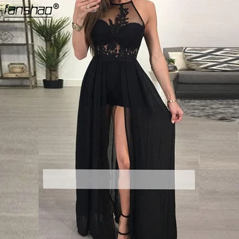 

Black Elegant Prom Dresses A-line High Slit Chiffon Lace See Through Party Maxys Long Prom Gown Evening Dresses Robe De Soiree